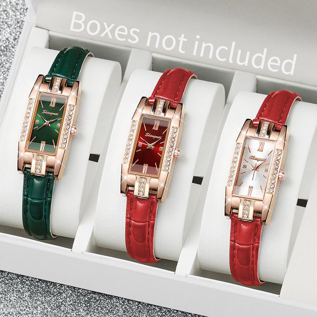 Armbanduhren Set, Damen, Rechteck, Quarz, Lederband, Roségold, Kristall - Bild 1