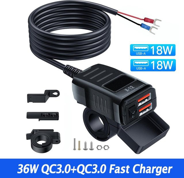 YJMP Auto Parts Motorrad-Ladegerät mit 48W Dual-Ports USB Typ C und QC3.0, Wasserdichtes SAE Lenker Stromadapter Set in Schwarz - Bild 1