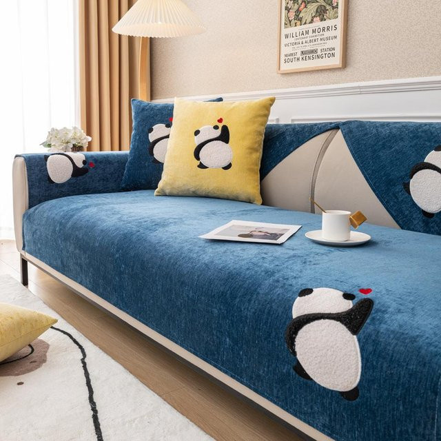 Cartoon Panda Sofabezug aus Chenille in Blau, rutschfest und waschbar, B/T/H: 70 x 70 x 70 cm - Bild 1