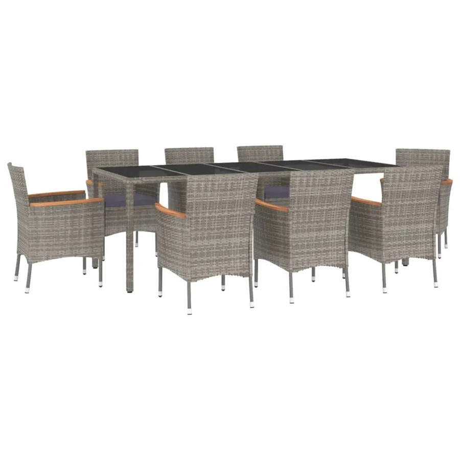 vidaXL 9-tlg. Garten-Essgruppe Modell 15 aus Poly Rattan und Akazienholz in Grau mit Kissen und Hartglas-Tischplatte - Bild 2