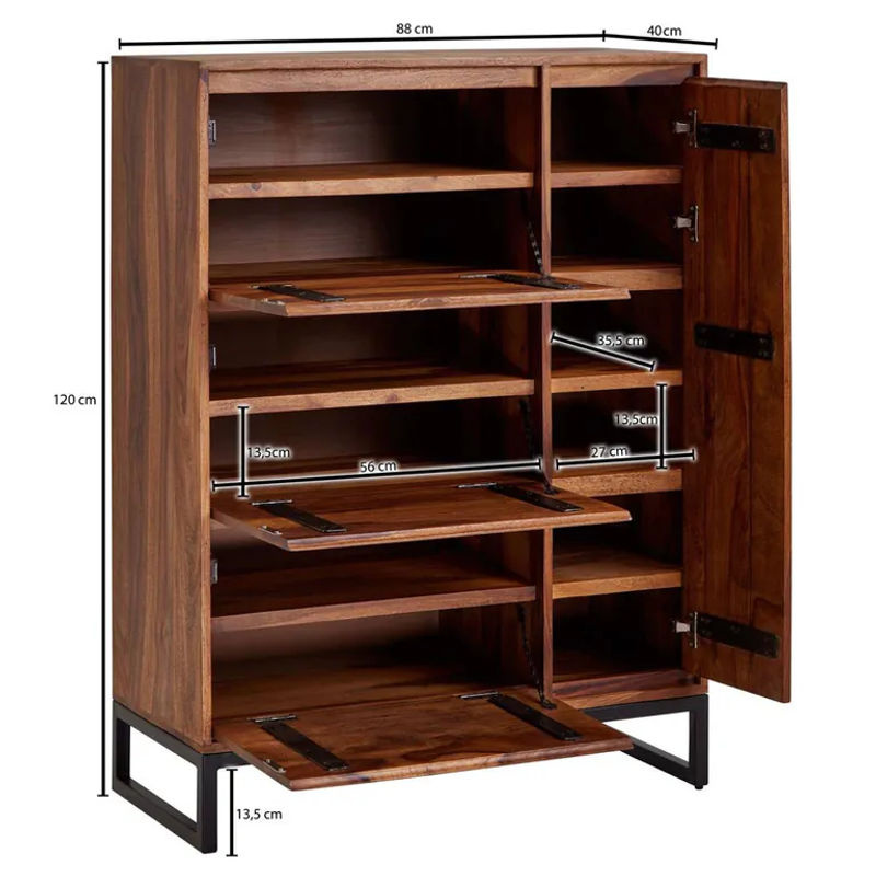 Schuhschrank Wohnling aus Sheesham Massivholz in Braun mit Edelstahl, B/H/T: 40 x 120 x 88 cm - Bild 3