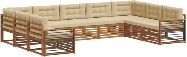 vidaXL Sofagarnitur 9-teilig aus Akazie Massivholz in Natur und Beige mit U-Form und Polsterkissen - Bild 1