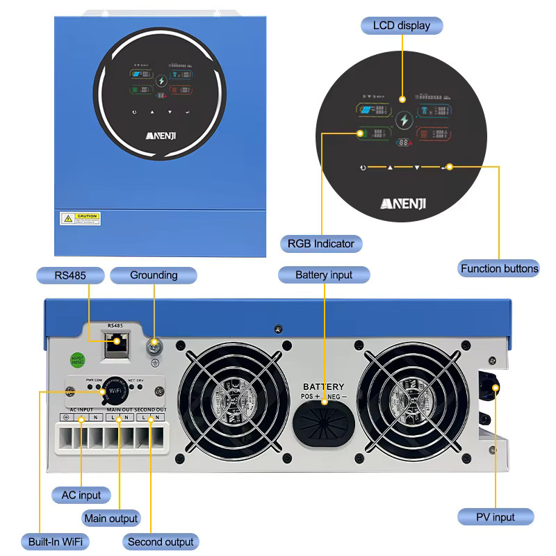 ANENJI Hybrid-Solarwechselrichter mit MPPT und WLAN, Reine Sinuswelle, Blau - Bild 2