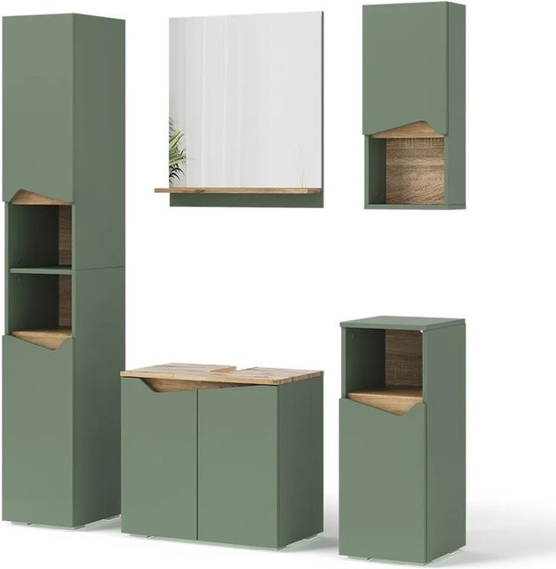 Vicco Badmöbel-Set Marelle in Grün/Artisan, modernes 5-teiliges Badezimmer-Set mit Waschtischunterschrank, Spiegelschrank, Hochschrank, Wandschrank und Seitenschrank, matt - Bild 1