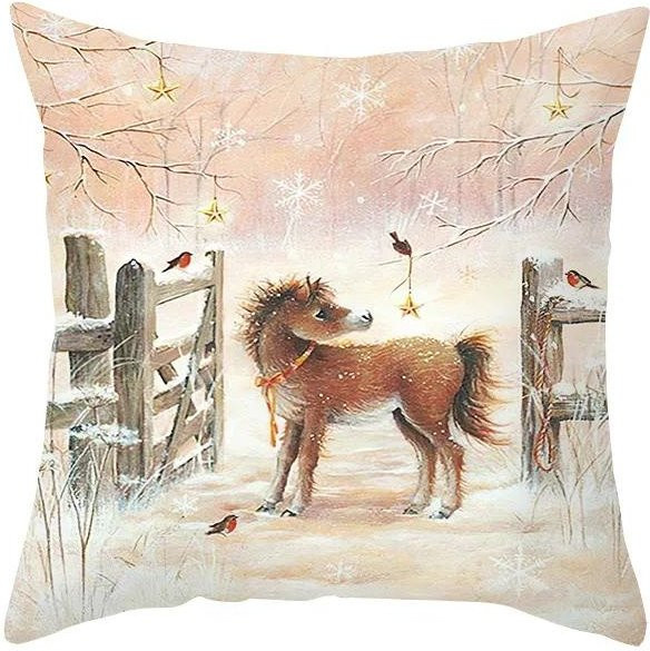 Weihnachts Kissenbezug mit Tier-Motiven Hase Reh Pferd Fuchs Schneemann Engel aus Peach Skin, B/B/H: 18 x 18 x 18 cm - Bild 1