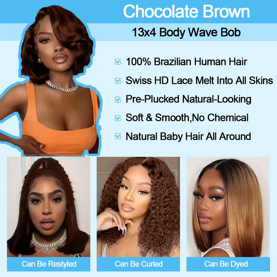 POPVIBES Body Wave Lace Frontal Bob-Perücke, Schokoladenbraun, Damen - Bild 4