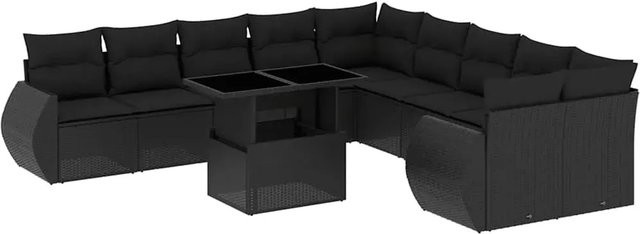 vidaXL 11-tlg. Garten-Sofagarnitur in L-Form aus schwarzem Poly-Rattan mit Kissen und pulverbeschichtetem Stahlgestell - Bild 1