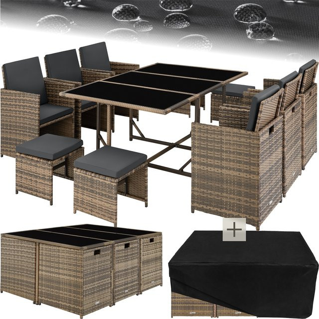 TECTAKE Polyrattan Sitzgruppe Malaga für 6 bis 10 Personen in Beige und Braun mit Glastisch und Schutzhülle - Bild 3