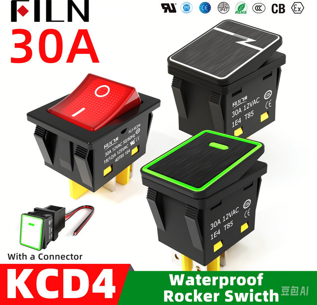 FILN Hochleistungs-4-Pin-DPST Kippschalter mit LED, IP67 wasserdicht, 30A/220V, Schwarz - Bild 1