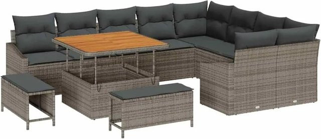 vidaXL Gartensofa-Set aus Poly-Rattan und Akazienholz in Grau mit 12-teiligem Polster-Set und integrierter Stauraumfunktion - Bild 1