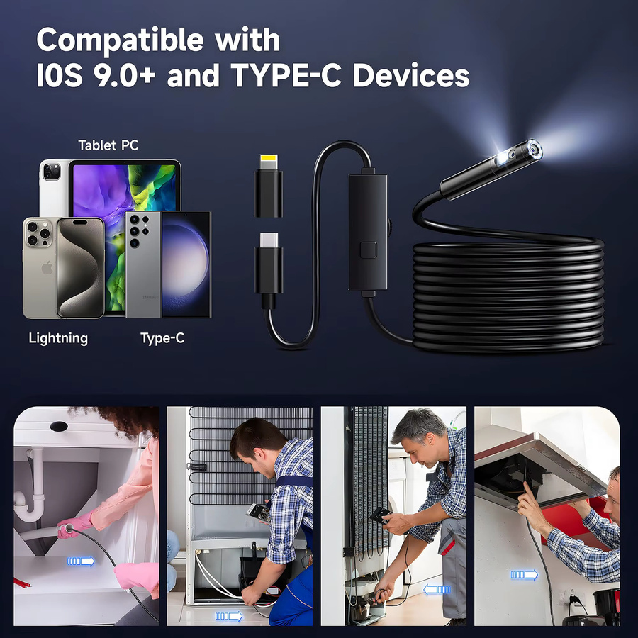 KERUI Endoskop Kamera mit Single oder Dual Lens für iPhone, iPad (iOS) und Android (USB-C), Schwarz, IP67 wasserdicht mit LED Licht für Industrieinspektionen - Bild 2