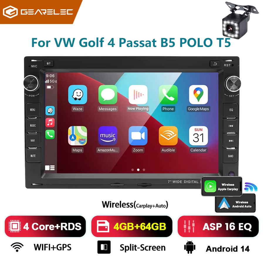 Gearelec Android 14 Autoradio mit 7 Zoll Display für Volkswagen VW Passat Golf Polo Bora T5, Multimediaplayer mit GPS, WLAN und AUX-Eingang, Schwarz - Bild 8