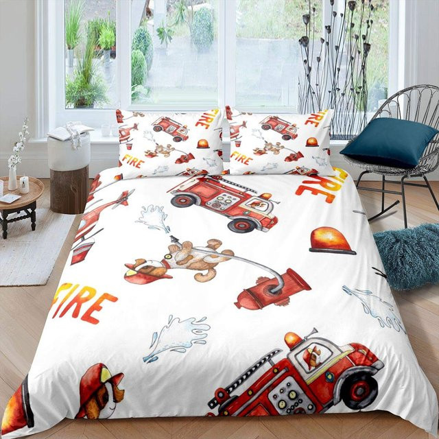 Bettwäsche-Set mit Feuerwehrauto-Muster für Kinder von Binchi Outdoor Product, King-Size, Farbe: Weiß, B/H: 264 x 228 cm - Bild 1