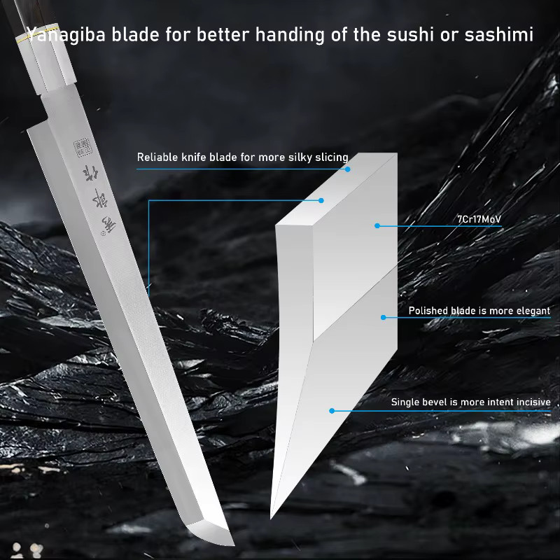 WXCOO Sashimi-Messer aus Edelstahl im japanischen Stil, silbernes Sushi- und Lachsmesser mit Holzgriff - Bild 2