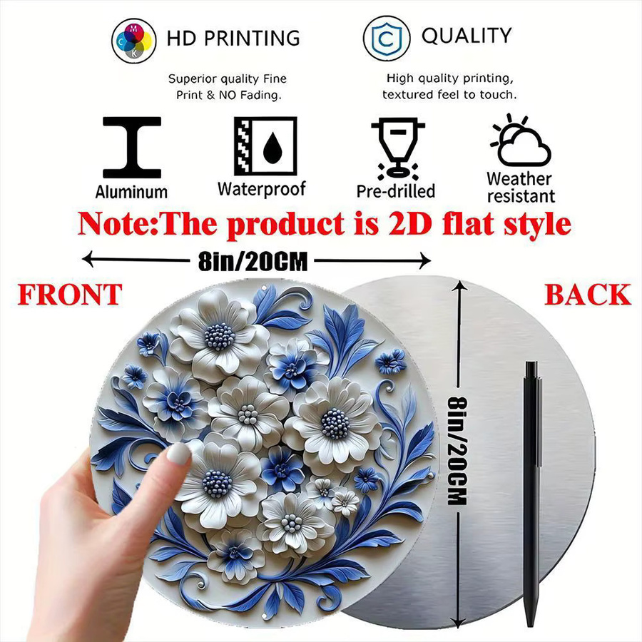 Moderne Metall-Wandkunst von CIFBUY mit blau-weißer Blumen-Dekoration in runder Form - Bild 2