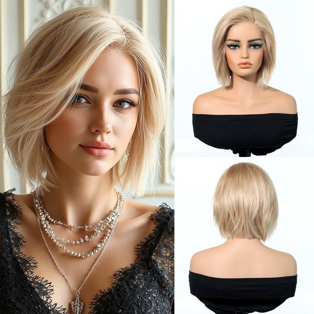 HAIRCUBE Lace-Front-Perücke, Goldblonde, 9 Zoll, kurzer Bob, glatt, Damen - Bild 1