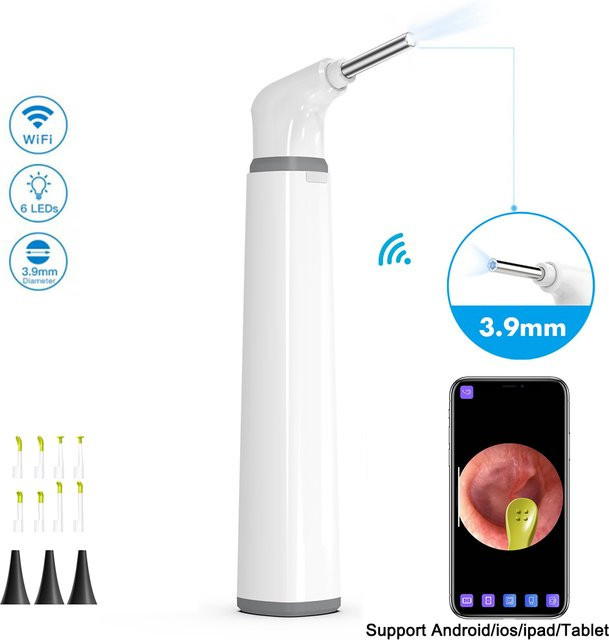 REYUECAM Drahtlose Otoskop-Ohrkamera in Weiß mit 1080P HD, 3,9 mm Kameraöffnung, WiFi und 6 LED-Leuchten für Android und iPhone - Bild 1