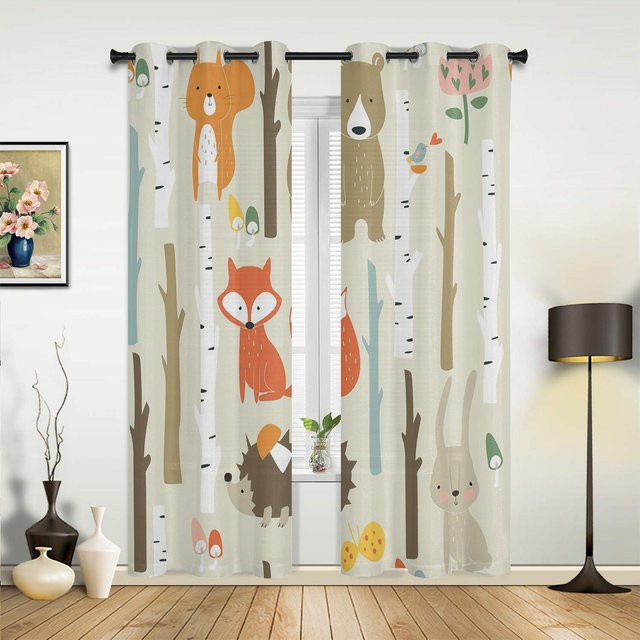 Modernes Vorhang-Set mit Fuchs-Cartoon-Motiv und Herbstblättern, halbtransparent, Mehrfarbig, Breite: 135 cm, Höhe: 60 cm - Bild 1