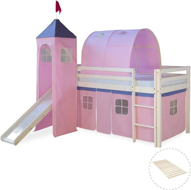 Homestyle4u Hochbett für Kinder aus Kiefernholz mit Rutsche, Tunnel, Turm und Vorhang in Weiß - Bild 1