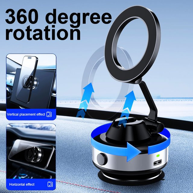 Elektrische Vakuum-Telefonhalterung von CrownQu in Schwarz mit 360 Grad Rotation und N52 Starkmagnet für iPhone 17 16 15 Pro Max als faltbarer Autohalterung-Freisprechständer - Bild 1