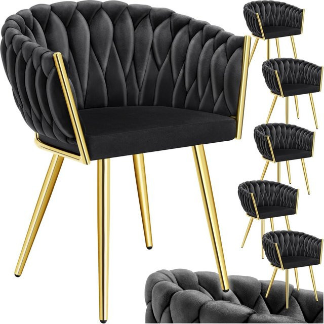 tectake Set Esszimmerstühle Astano, 6er Set, gepolstert mit Samtbezug und Knotendesign, Schwarz-Gold, B/T/H: 60,5 x 55 x 75 cm - Bild 1
