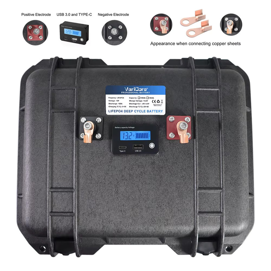 VariCore STX LiFePO4 Batterie 12,8V 100Ah mit 4s BMS, tragbare Kofferbatterie in Schwarz für Motorräder, Solarenergie, Windkraftanlagen, Golfcarts und Wohnmobile - Bild 2