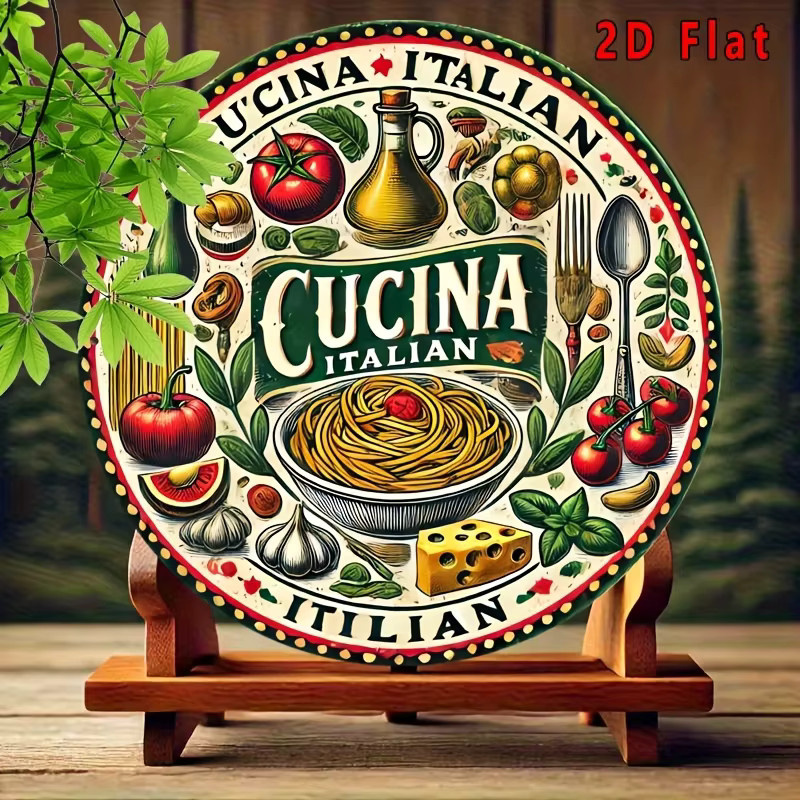 Rundes Aluminiumschild Potdemiel mit italienischem Essensthema und farbiger Illustration als Wandkunst aus Metall - Bild 2