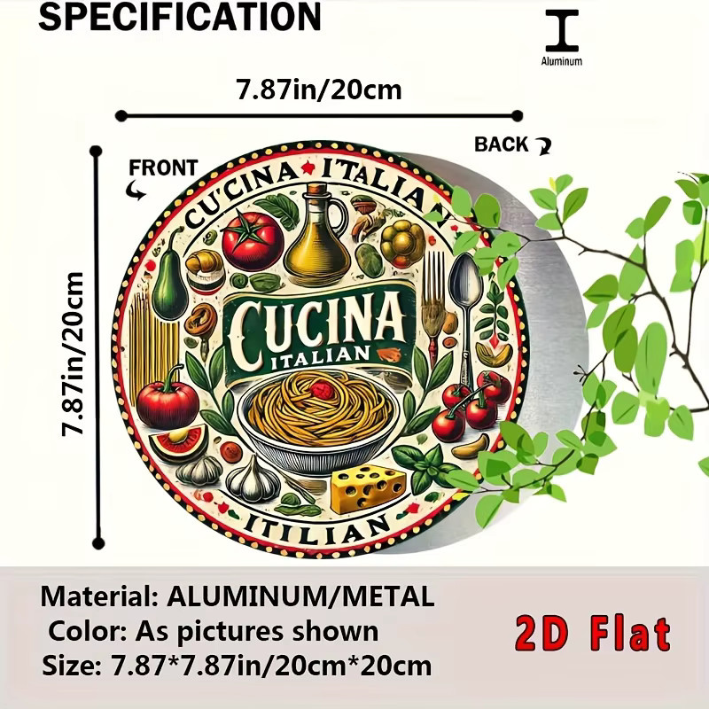 Rundes Aluminiumschild Potdemiel mit italienischem Essensthema und farbiger Illustration als Wandkunst aus Metall - Bild 3