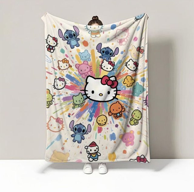 Sanrio Hello Kitty Flanelldecke mit Cartoon-Explosion in Bunt, Schwarz-Weiß und Multicolour - Bild 1