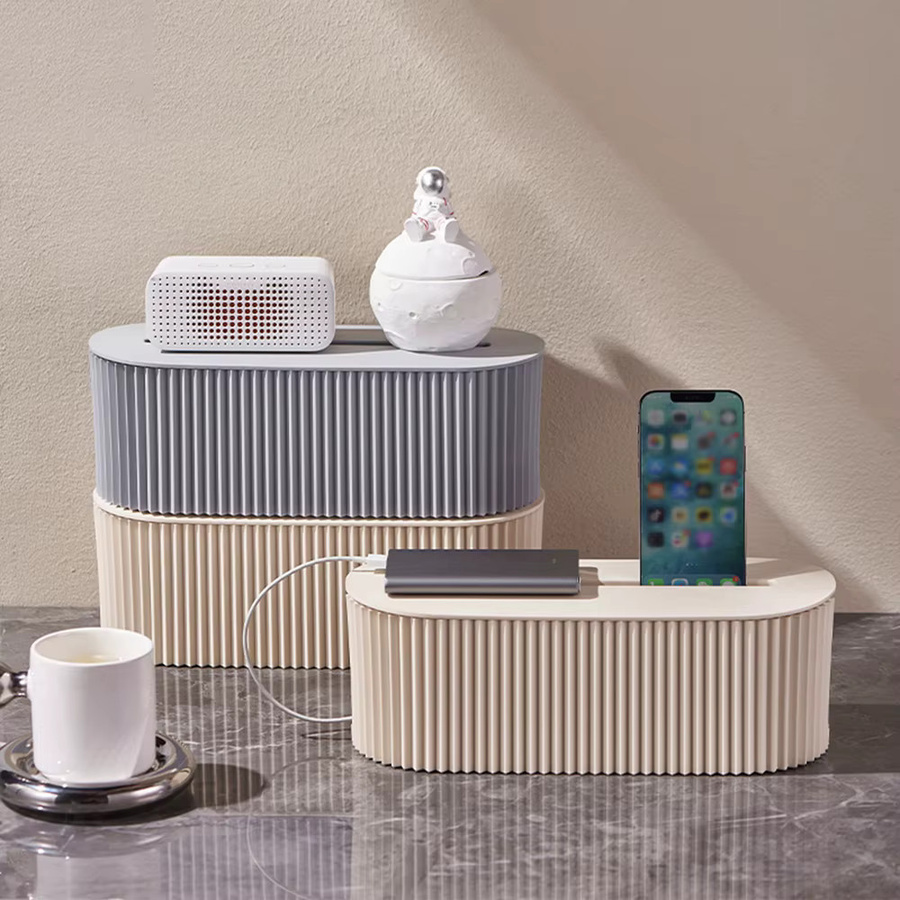 Multifunktionaler Kabelorganizer mit Deckel aus Kunststoff in Beige zur Kabelverwaltung für Schreibtisch und Büro - Bild 2