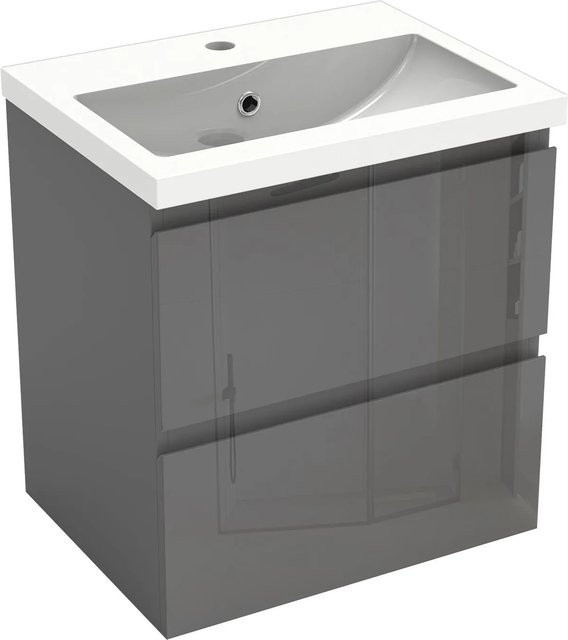 AICA Badmöbel Set Aalst: 2-teiliges Waschtisch-Set mit Mineralguss-Waschbecken und Unterschrank in Anthrazit Hochglanz, Breite: 50 cm - Bild 1