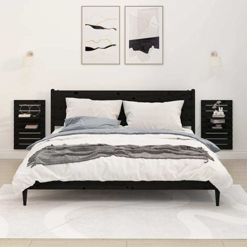 Set aus 2 Wand-Nachttischen aus Massivholz Kiefer im Landhausstil von vidaxl, Schwarz, B: 40 cm, H: 17,5 cm, T: 63 cm - Bild 1