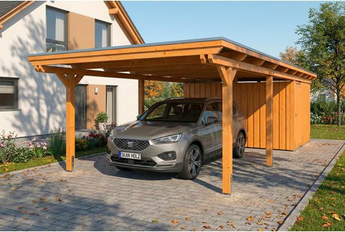 SKANHOLZ Carport Emsland aus Fichte mit EPDM-Flachdach und Abstellraum, Farbe: Eiche Hell/Braun, B: 402 cm, T: 846 cm - Bild 1