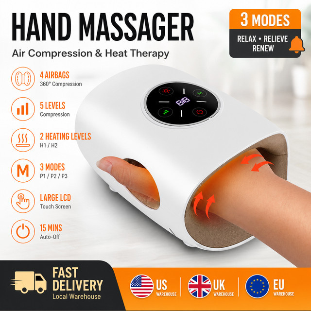 Hailicare Handmassagegerät mit Wärme und Luftkompression in Weiß, 4 Luftkissen, 3 Massagemodi und 5 Druckstufen mit LCD-Display - Bild 1
