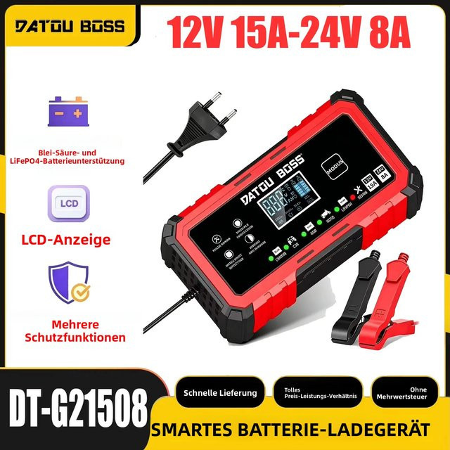 DATOUBOSS Intelligentes Batterieladegerät für 12V/24V Blei-Säure, AGM, GEL und LiFePO4 Batterien in Rot - Bild 1
