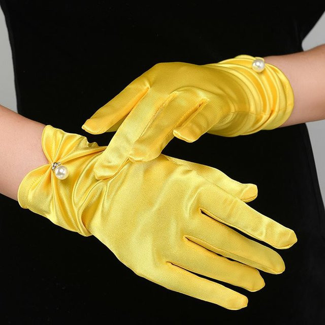 YIRAN Handschuhe Damen, Satin, Perlen, gelb, One Size - Bild 1