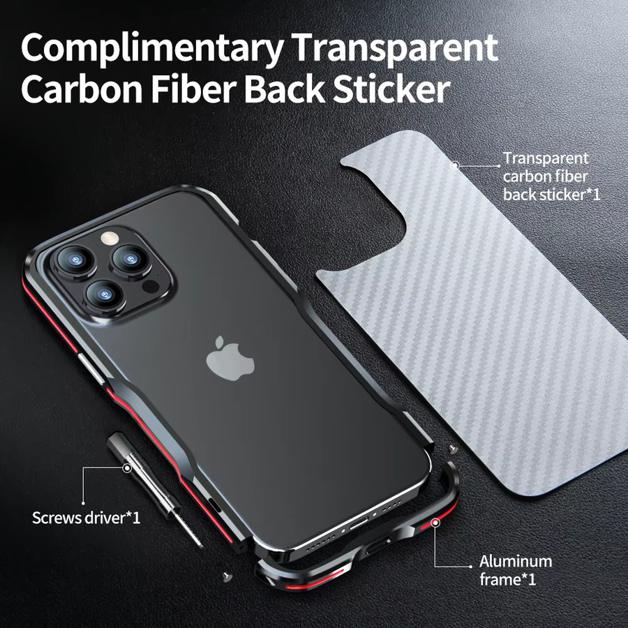 Luphie Stoßfeste Schutzhülle für Apple iPhone 12 bis 16 Pro Max mit Aluminium-Abdeckung und Metallstoßstange in Schwarz - Bild 3