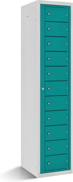 rotstahl Fächerschrank mit Zentraltür und 11 Fächern in Türkis mit lichtgrauem Korpus, B/T/H: 40 x 50 x 180 cm - Bild 1