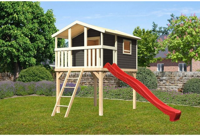Karibu Stelzenhaus Benjamin in Terragrau mit Holzleiter und roter Rutsche, B/H/T: 225 x 309 x 250 cm - Bild 1