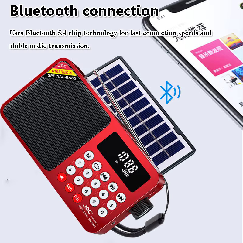 JINSERTA Tragbares Mini-Notfallradio in Rot mit LED-Anzeige, Solarpanel, Bluetooth-Lautsprecher und Recorder mit TF-Karte und USB-Anschluss - Bild 2