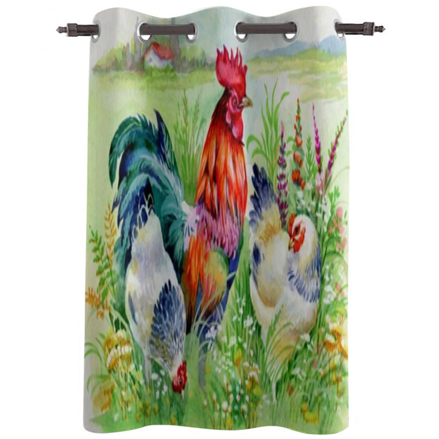 Moderne Fenstergardinen mit Huhn und Hahn Motiv für Wohnzimmer und Küche, transparent, Breite: 135 cm, Höhe: 60 cm - Bild 3