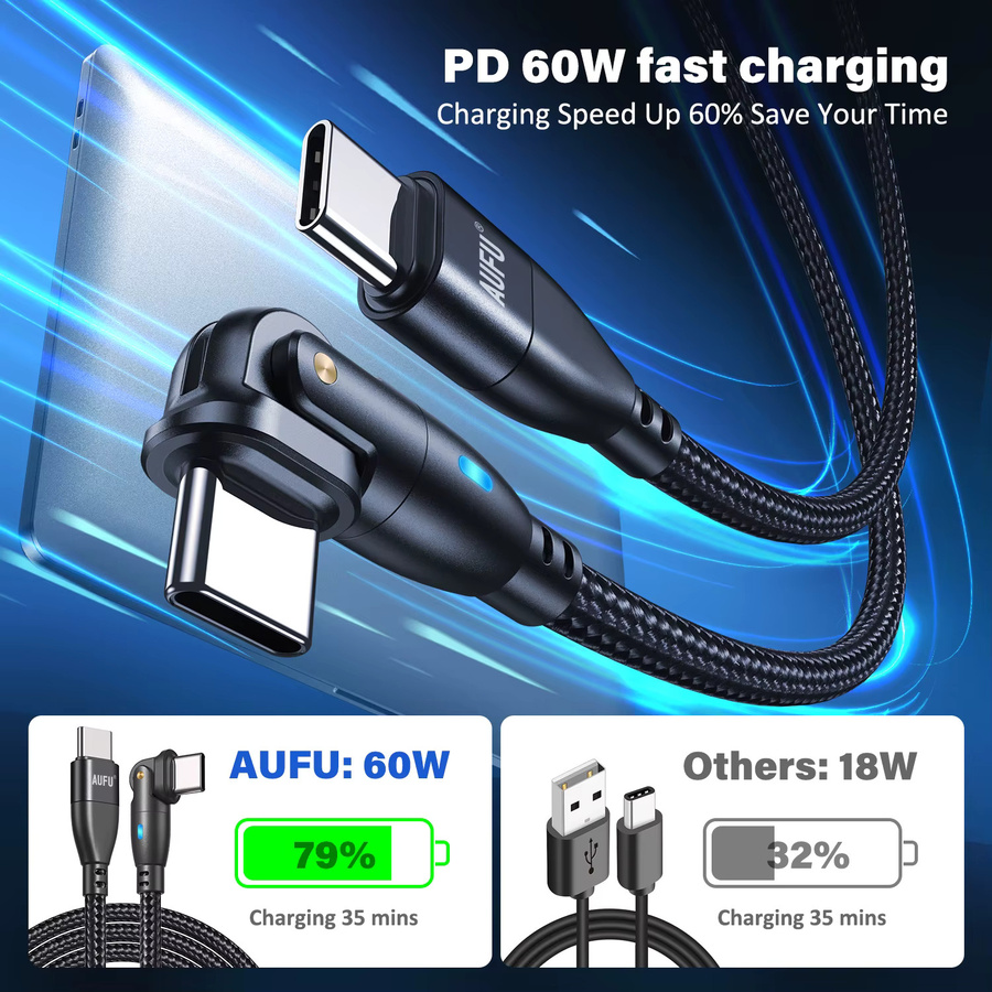 AUFU USB Typ-C-Kabel 5A PD100W 180 Grad drehbares Schnellladekabel in Schwarz - Bild 3