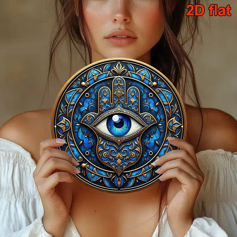 CIFBUY Blue Evil Eye Hand of Fatima Wandkunst, rundes Metallschild in Blau, Boho-Deko für Wohnzimmer, Schlafzimmer und Büro, Durchmesser: 20,3 cm - Bild 2