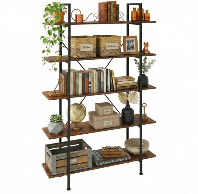 Relaxdays Bücherregal im Industrial Look aus Holzwerkstoff und Stahl, 5 Ebenen, Braun/Schwarz, H: 177,5 cm, B: 105 cm, T: 33,5 cm - Bild 1