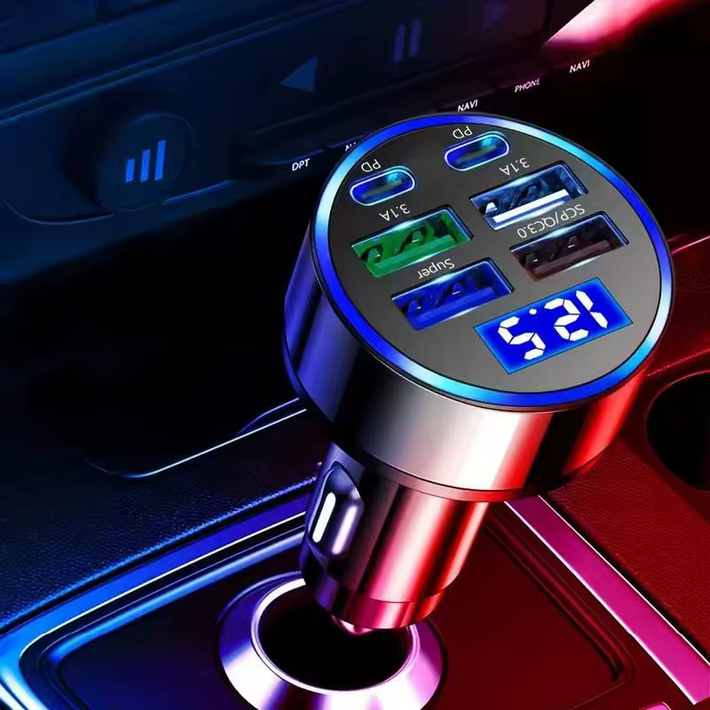 4-Port USB PD und QC 3.0 Autoladegerät mit LED-Digitalanzeige und Blaulicht in Schwarz und Blau für Huawei und Xiaomi - Bild 3