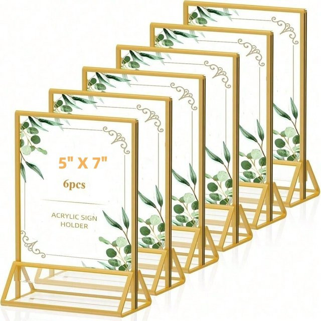 6er-Pack Goldene Acrylbilderrahmen für Tischdekoration, Doppelseitige Fotoanzeiger für Hochzeit und Menükarten, 5x7 Zoll - Bild 1