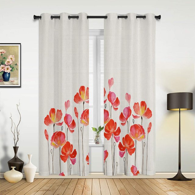 Binchi Outdoor Equipment Vorhang mit rotem Aquarell-Mohnblumen-Design, semi-transparent, Breite: 135 cm, Höhe: 115 cm - Bild 1