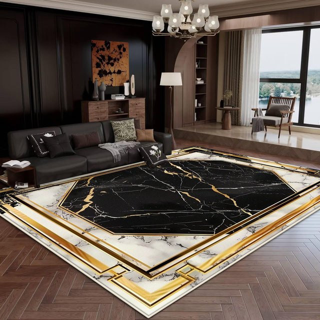 Moderner Teppich Karpetti in Schwarz Gold, waschbar und rutschfest, B/T: 100 x 160 cm - Bild 1