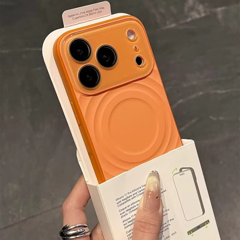 Apple Flüssigsilikon-Handyhülle mit Wasserwellenmuster und großem Fenster für iPhone 17 16 15 Pro Max, MagSafe kompatibel, Grau und Orange - Bild 1