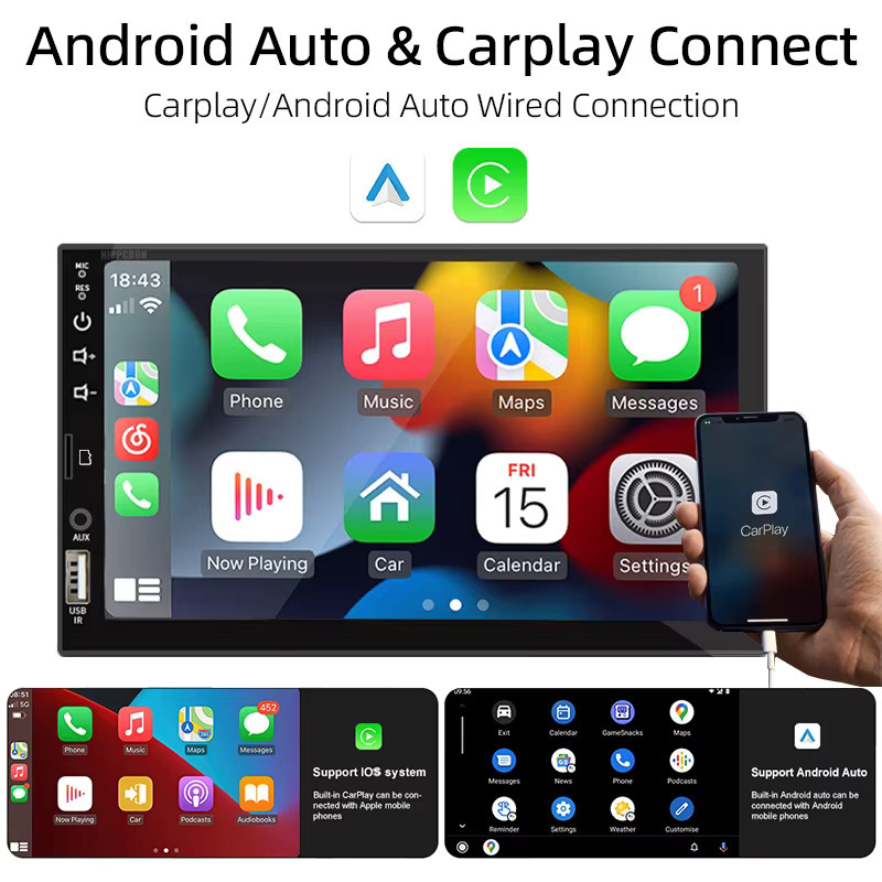 Sinovcle 1 DIN Autoradio Multimedia-MP5-Player mit 7 Zoll Touchscreen, Carplay und Android Auto, Schwarz, AUX/FM/USB/TF, 12V Universal - Bild 2